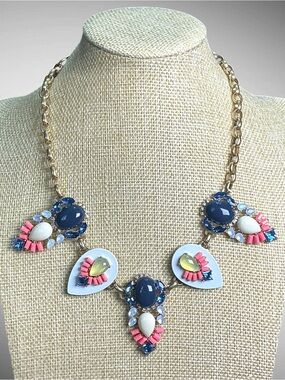 J.Crew 2010s Jeweled Statement Necklace Navy Coral Blue Gold Tone